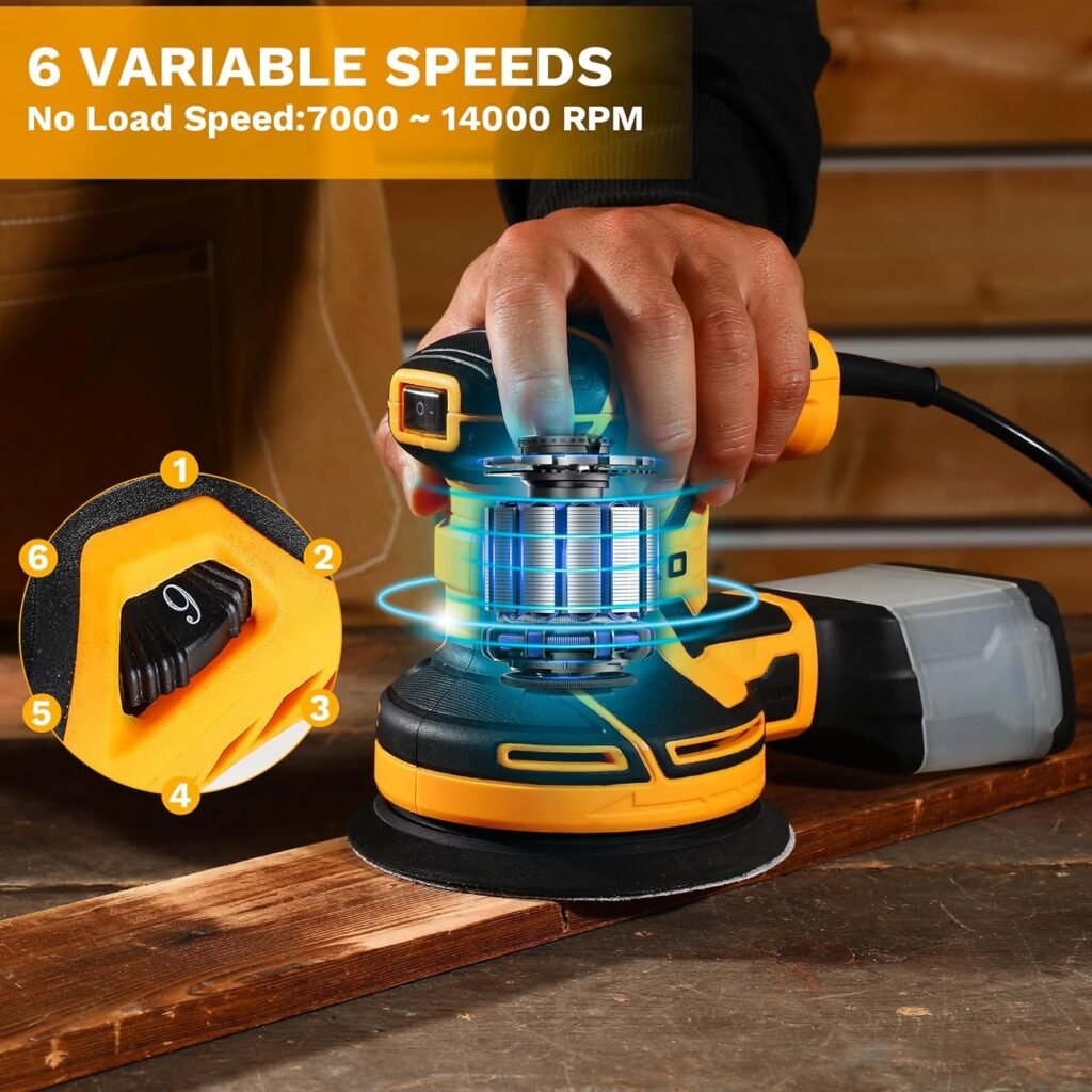 DEKOPRO Random Orbit Sander 2.5A with 16Pcs Sandpapers, 6 Variable Speed 14000RPM Electric Sander, 5 Inches Hand Sander Tool, High Performance Dust Collection System, Fit for Woodworking/Sanding