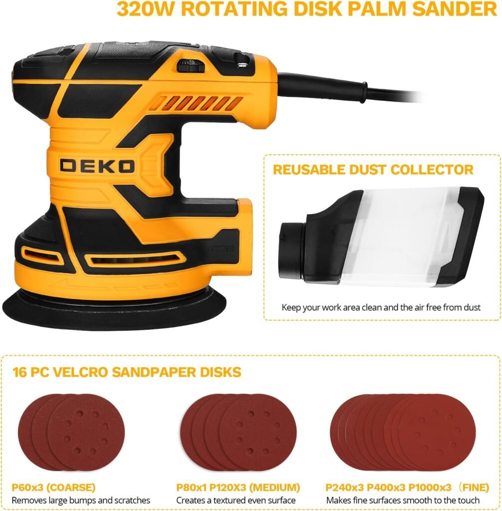 DEKOPRO Random Orbit Sander 2.5A with 16Pcs Sandpapers, 6 Variable Speed 14000RPM Electric Sander, 5 Inches Hand Sander Tool, High Performance Dust Collection System, Fit for Woodworking/Sanding
