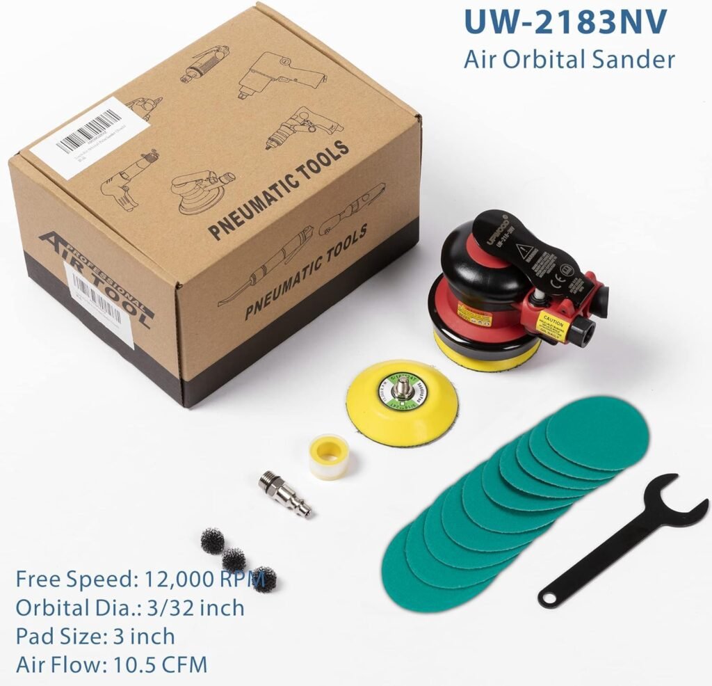 3 inch Mini Palm Air Sander, 3/32 Orbit, MAX12,000 RPM, Random Orbital Pneumatic Polisher with 12 sandpapers and 1 extra hook-loop backing pad (3inch)