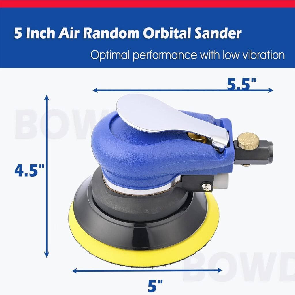 5 Inch Air Random Orbital Sander, Pneumatic Palm Sander tool with 10 Pcs Sandpapers, Air Sanders For Auto Body Work By Bowd