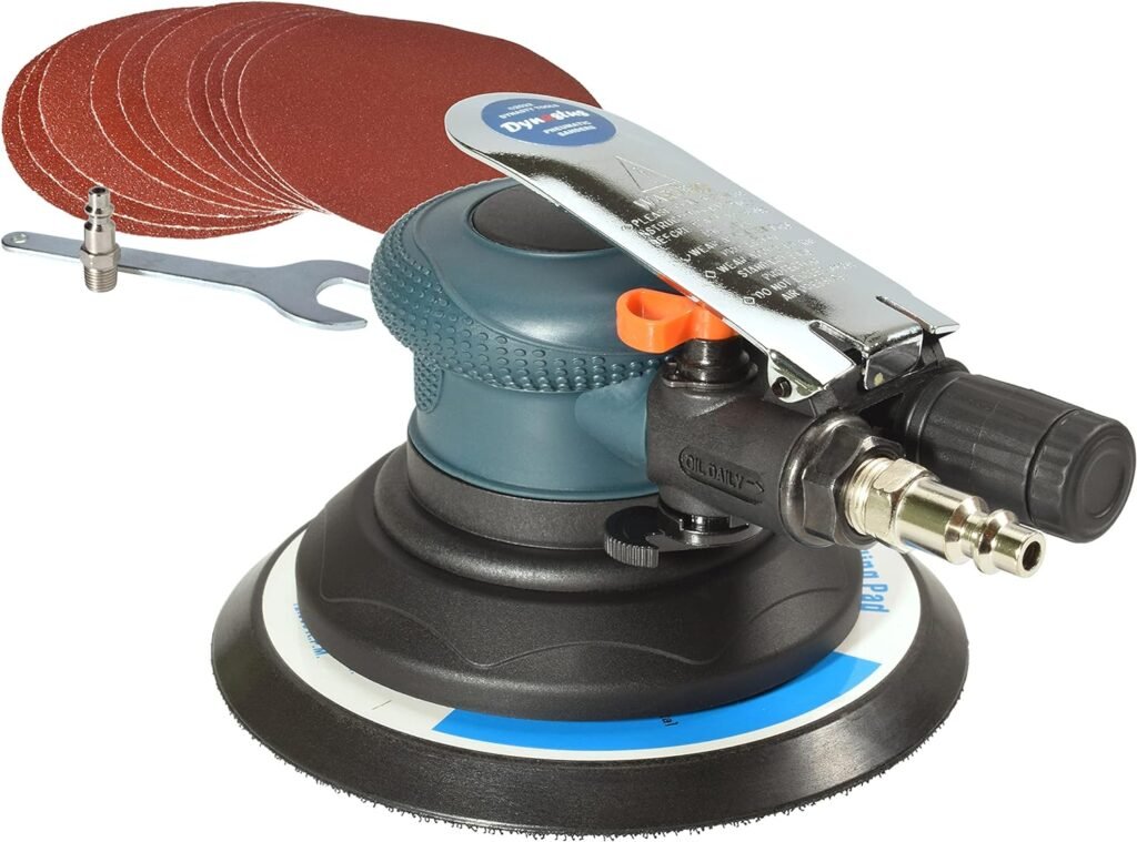 6-Inch Random Orbit Air Palm Sander, Dual Action Pneumatic Polisher with Velcro Hook and Loop Backing Pad and 10pcs Sanding Discs