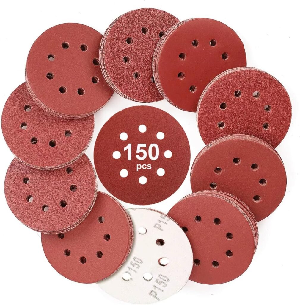 HEMUNC Sanding Disc, 150 Pack 5 Inch 8 Hole Sanding Discs Hook and Loop Sandpaper