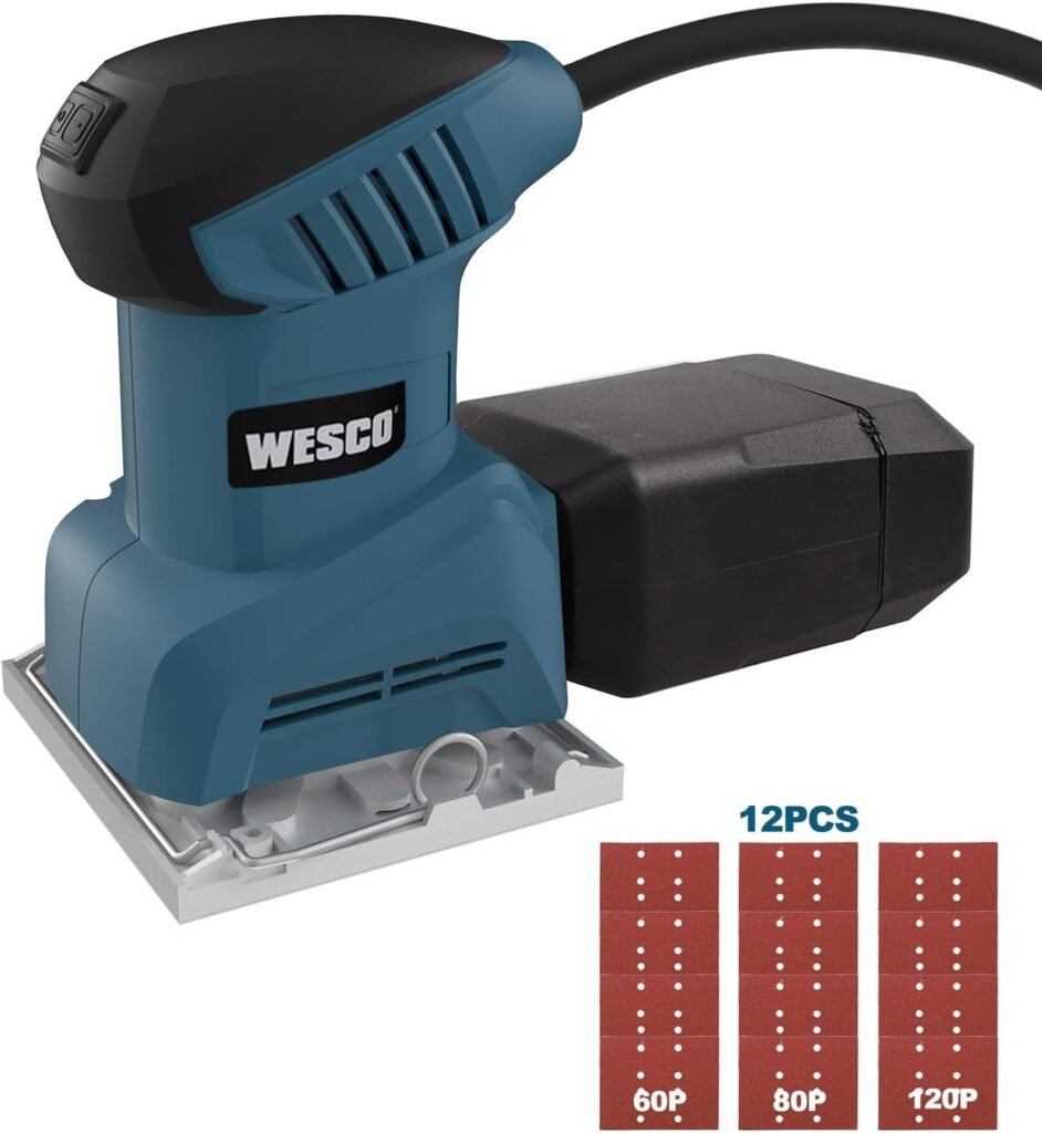 WESCO Palm Sander Tool, 2.0 Amp 1/4 Sheet Palm Sanders for Woodworking, 12,000 OPM Electric Sander Sander with Dust Collector, Punch Plate  12 Sanding Discs, Vacuum Adapter, Quick Locking System
