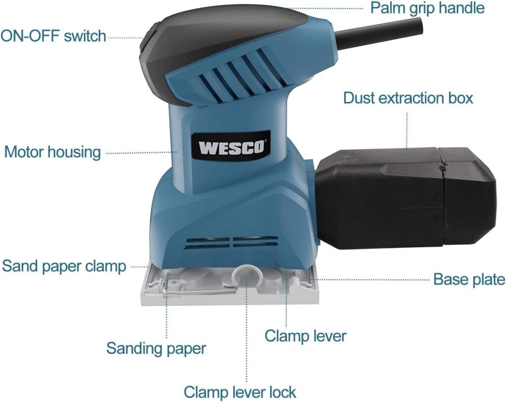 WESCO Palm Sander Tool, 2.0 Amp 1/4 Sheet Palm Sanders for Woodworking, 12,000 OPM Electric Sander Sander with Dust Collector, Punch Plate  12 Sanding Discs, Vacuum Adapter, Quick Locking System