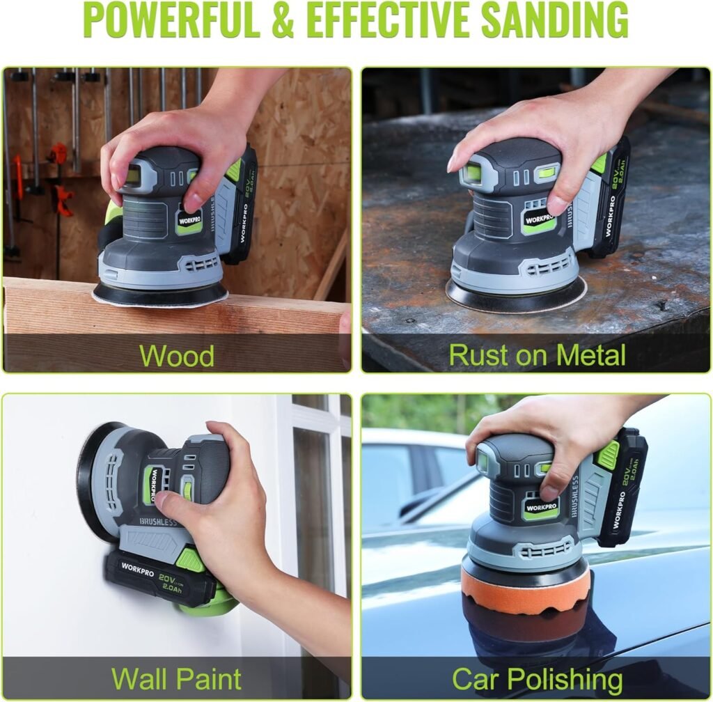 WORKPRO Brushless Random Orbital Sander Cordless 6 Variable Speeds 6000 to 12000 OPM, 20V 5in Electric Orbit Sander for Woodworking with Battery, Charger, Dust Collector, Tool Bag,15 Pcs Sanding Discs